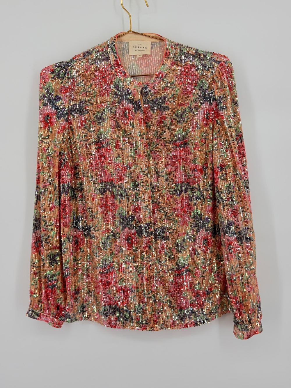 Sézane Floral Sequin Blouse Size 34 Multicolor Long Sleeve Party Top